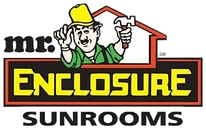 Mr. Enclosure Sunrooms logo: Mr. Enclosure under a red roofline
